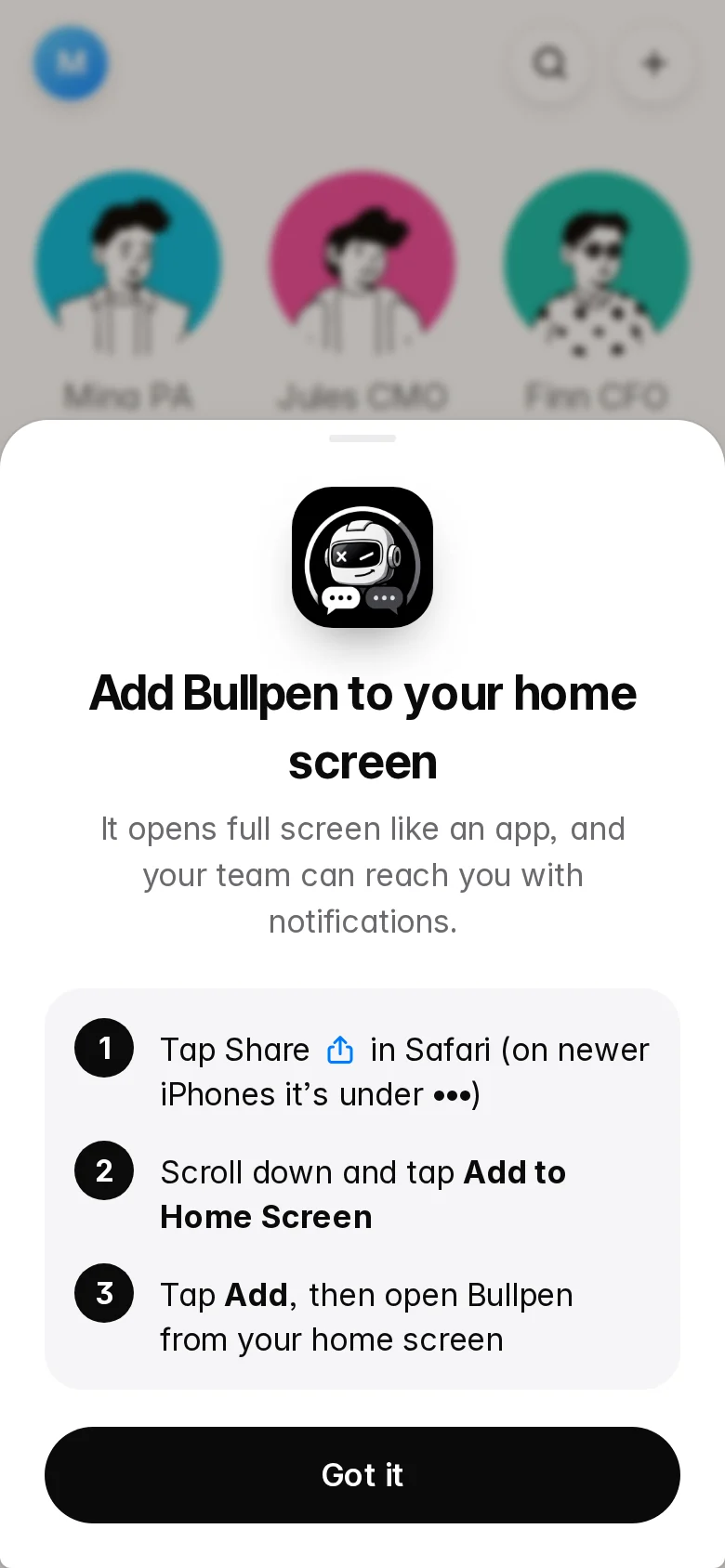 Bullpen on iPhone asking to be added to the home screen, with the three Safari taps.
